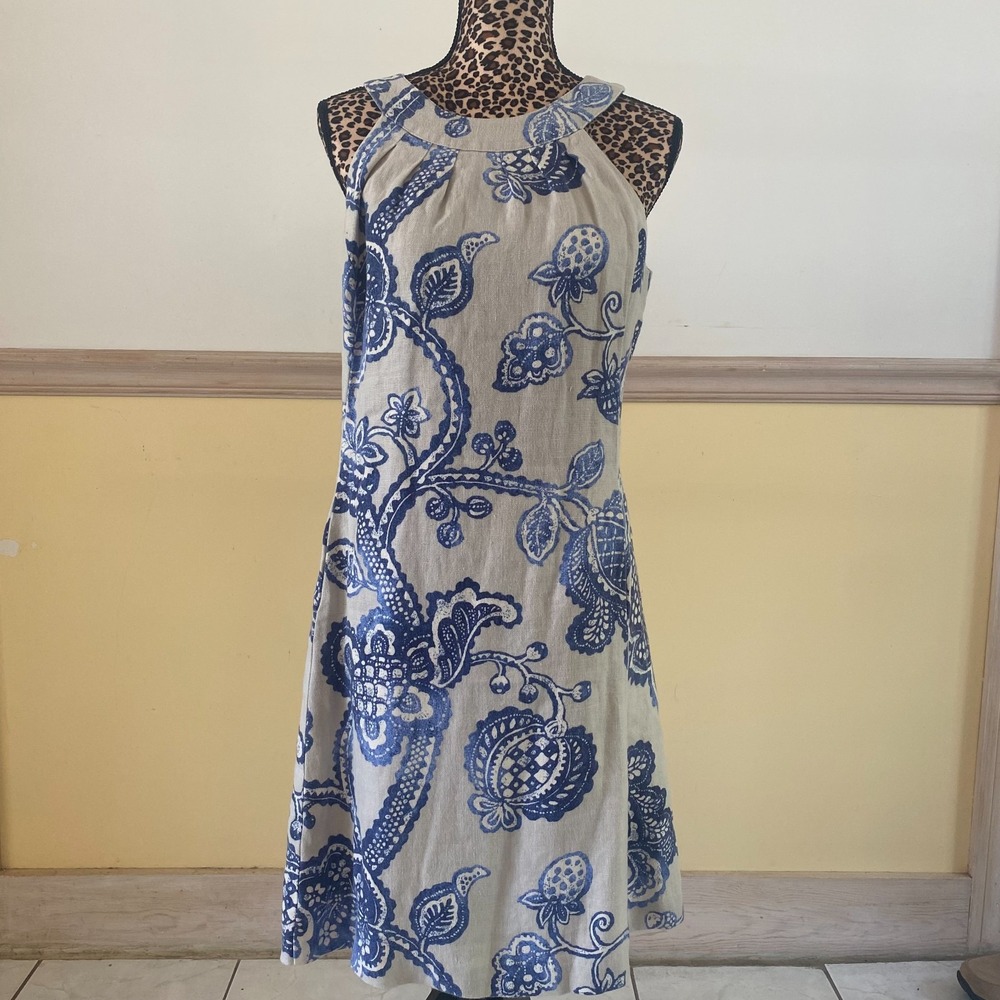 J.McLaughlin Womens Blue White Damask Floral Linen Halter Shift Dress‎ Size 6
